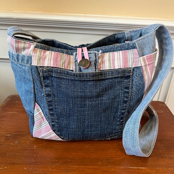 Upcycled Handbags - Casual Handmade Upcycled Denim and Pink Striped Reversible Shoulder Bag